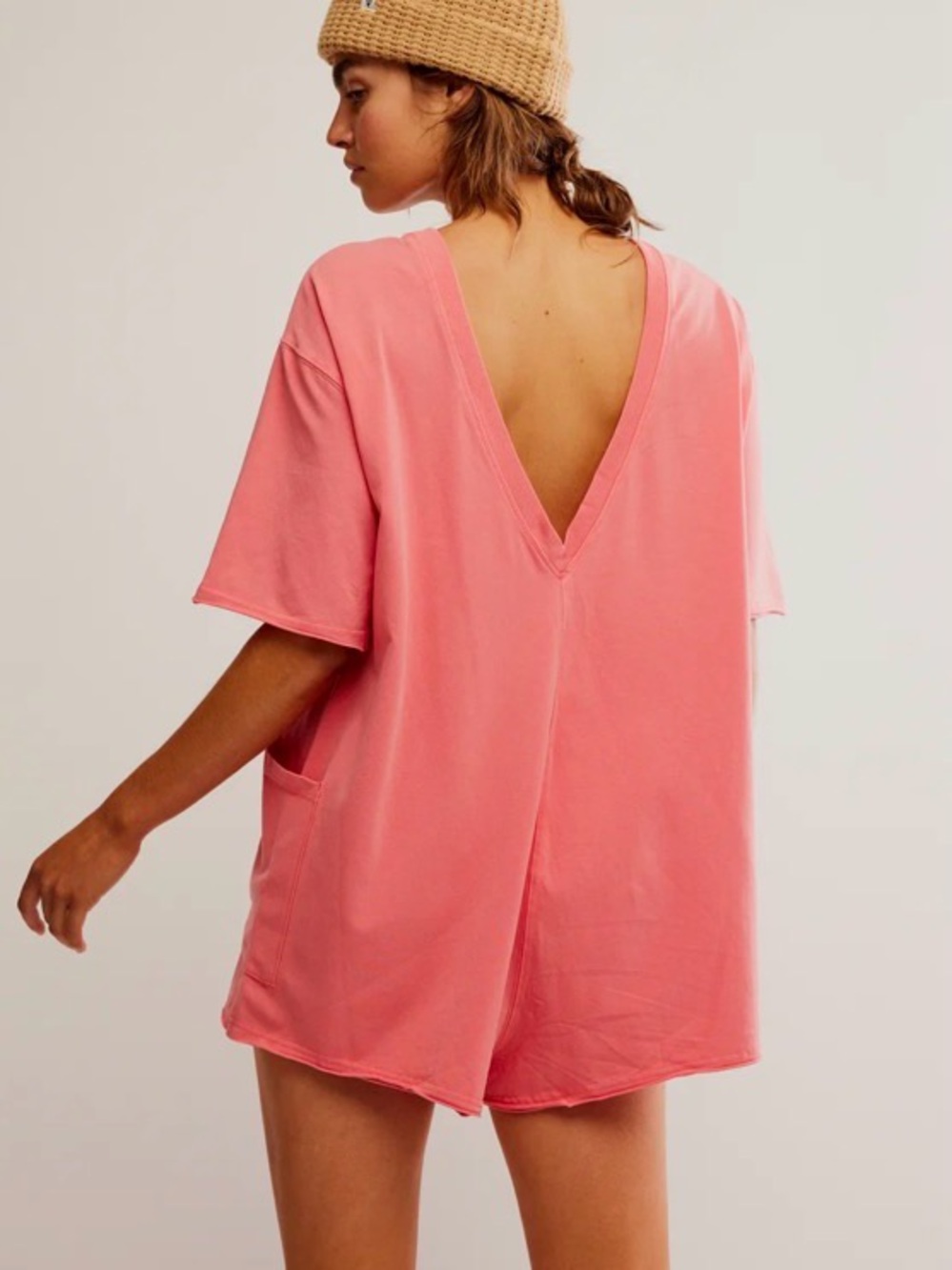 Free People Movement Coral Pink V‑Back hot shot tee romper